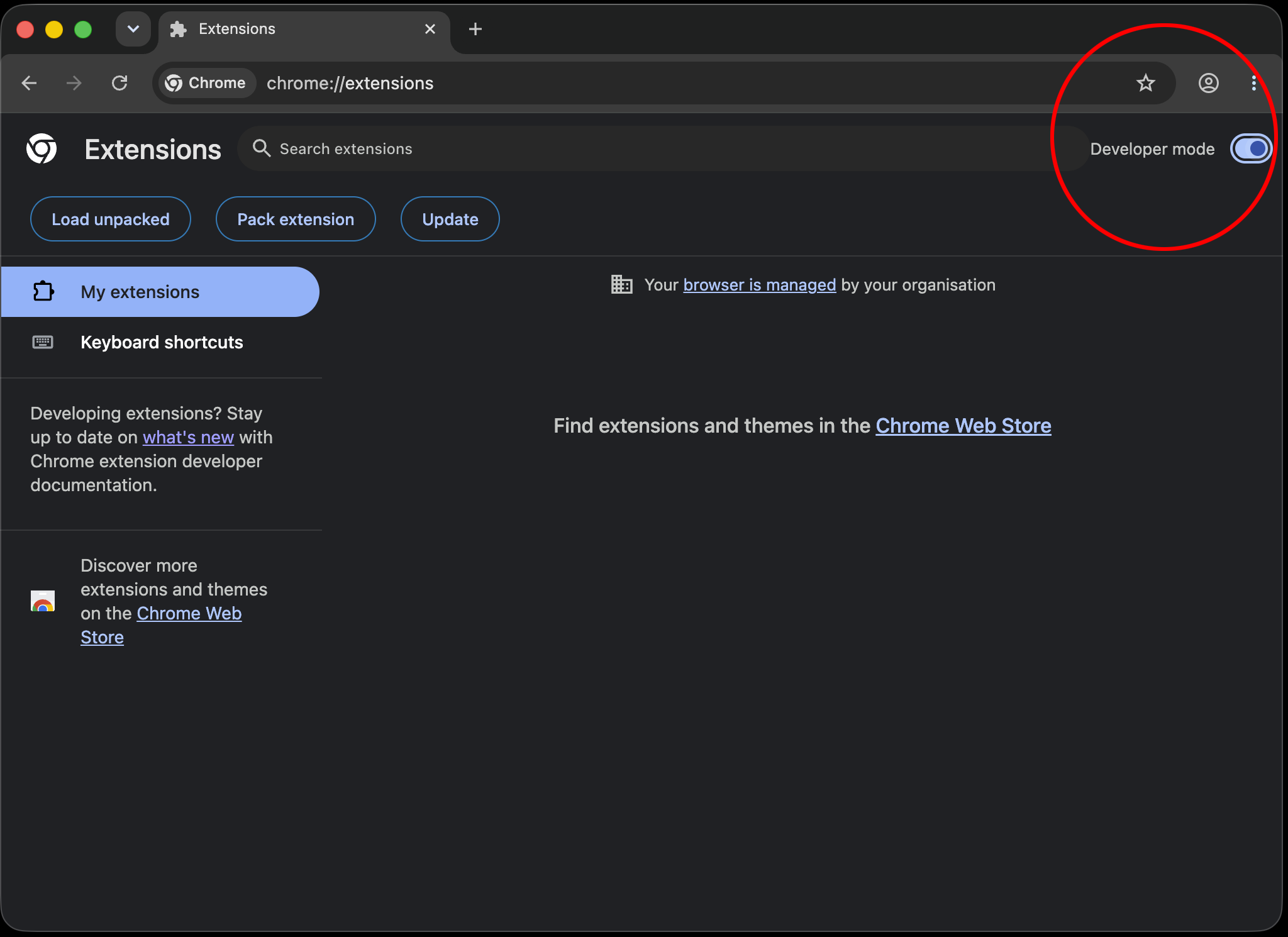 Chrome extensions page with Developer mode highlighted in the top-right corner.