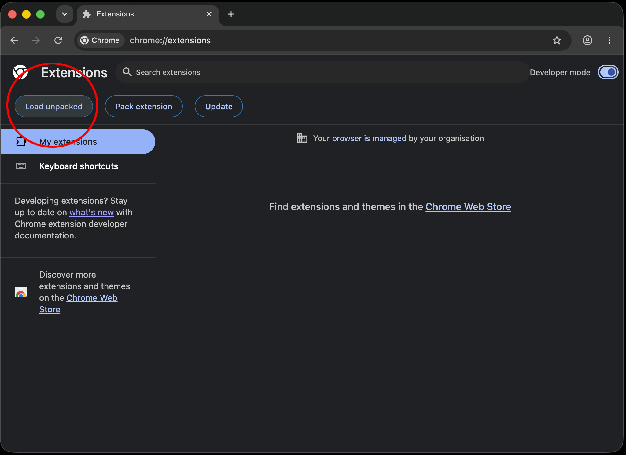 Chrome extensions page with the Load unpacked button highlighted.