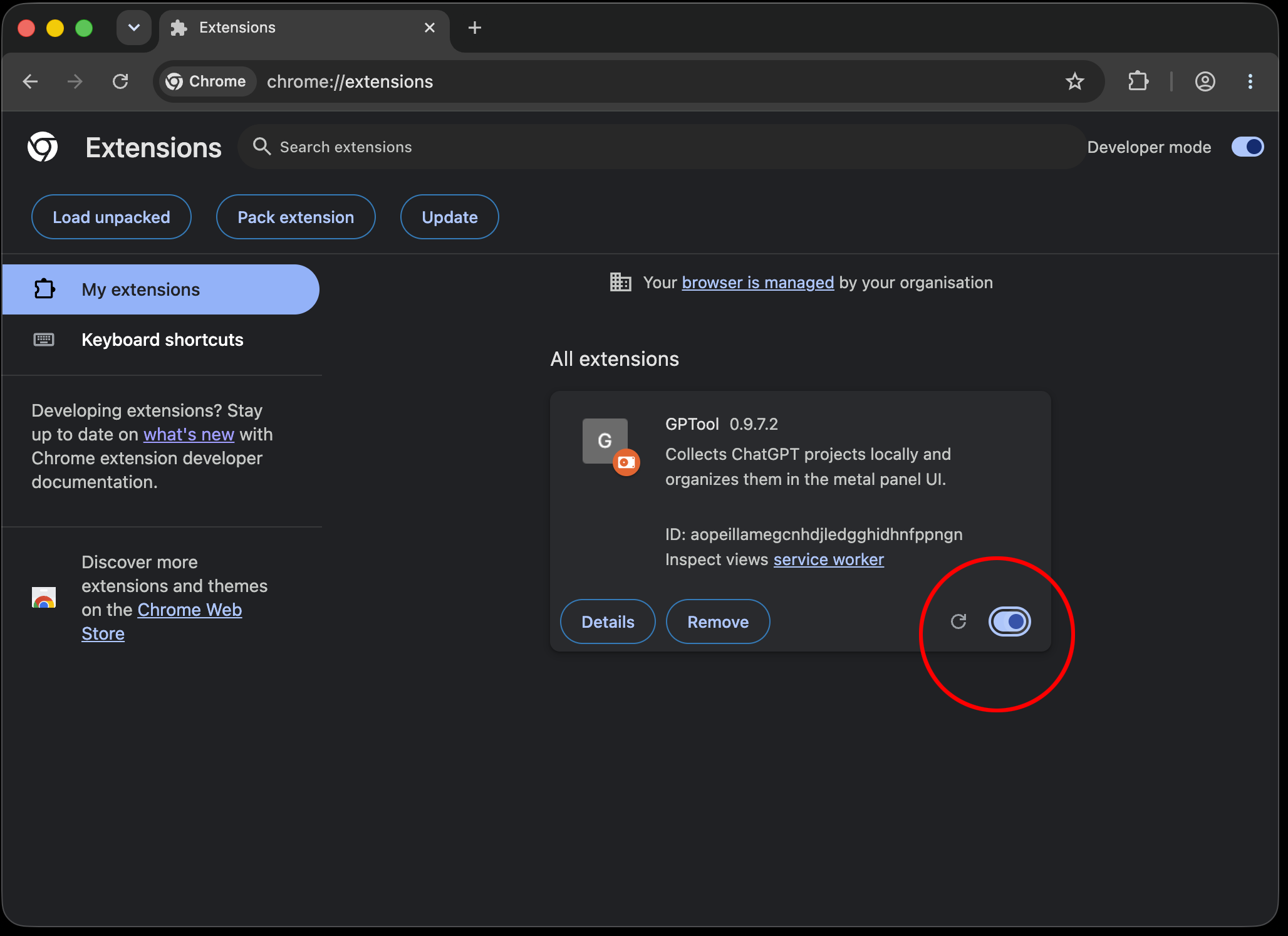 GPTool shown in the Chrome extensions list with the enabled toggle highlighted.