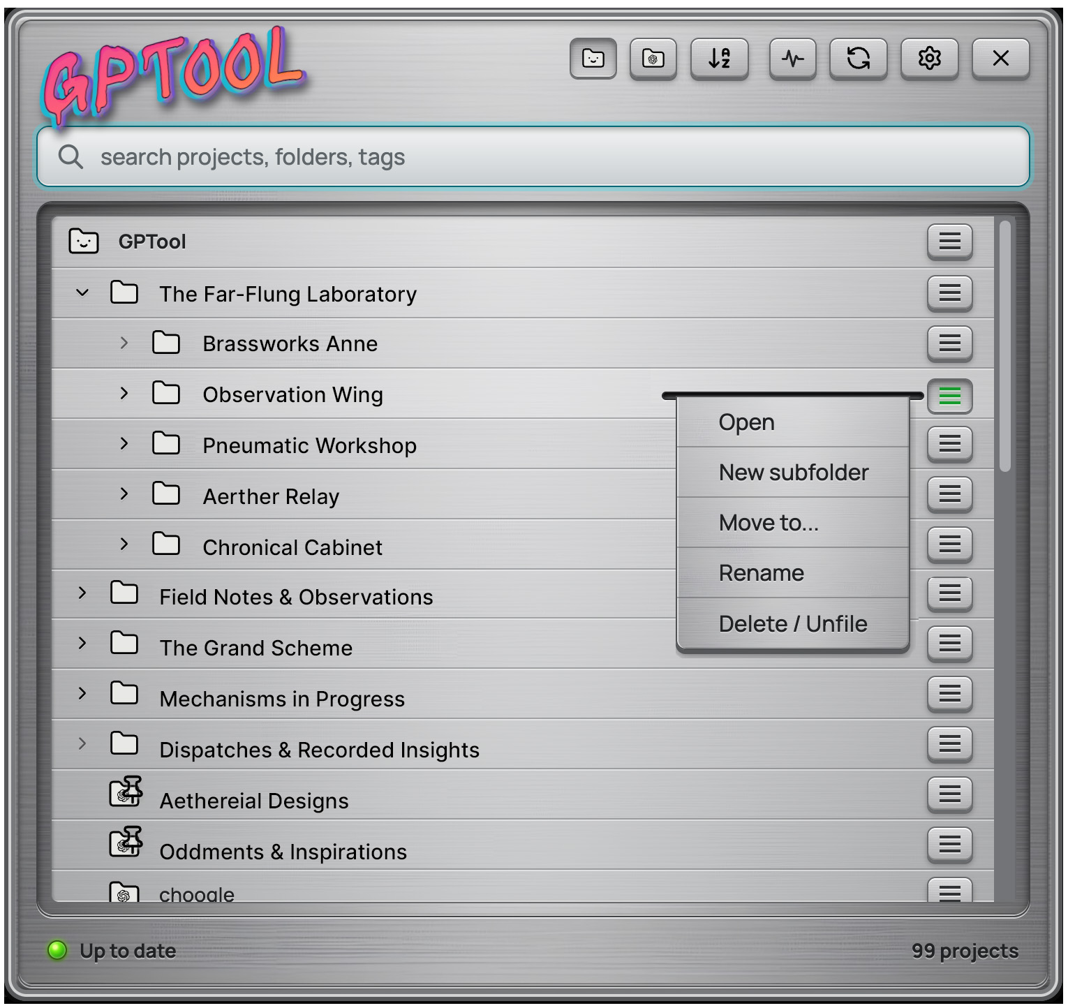 GPTool interface showing a search bar, project folders, menus, and toolbar actions in the extension panel.
